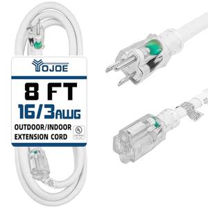 YOJOE Indoor Outdoor Extension Cord with Lighted End, 3 Prong 13A Weatherproof Power Cord, 16 Gauge Heavy Duty 8 ft White Extension Cord for Garage, Garden and Home, 16/3 SJTW UL Listed