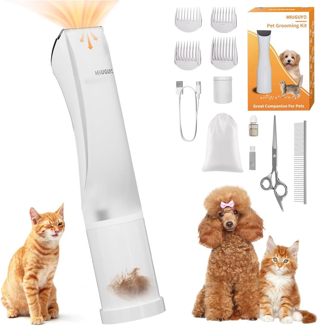 MIUGUYO 2-in-1 Dog Clipper, Dog Grooming Kit, Low Noise Rechargeable Cordless Trimmer Cat Clipper, Vacuum, Professional Electric Hair Trimmer with Comb Guides & Scissors Waterproof