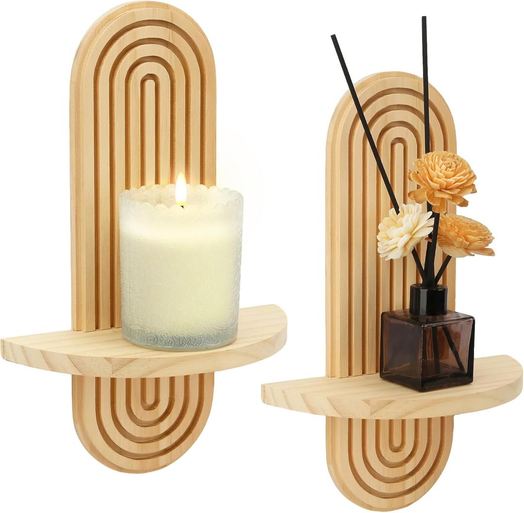 Bohemian Wood Candle Sconces Set of 2 - Wall Mounted Candle Holders Art Decor, Rustic Farmhouse Floating Wall Sconces Shelf for Living Room, Dining Room, Hallway