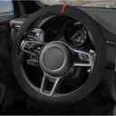 Suede Steering Wheel Cover with Upgraded Silicone Inner Ring, Breathable, Anti-Slip, Leather Universal 14.5 to 15 Inch Steering Wheel Cover (Black with Red Mark)