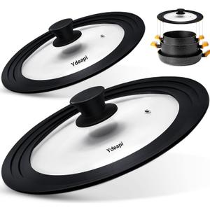Universal Lids for Pots, Pans & Skillets - Fits 7", 8" & 9" Diameter, 10", 11" & 12" Diameter Cookware, Tempered Glass with High Heat Resistant Silicone Rim (2PK)