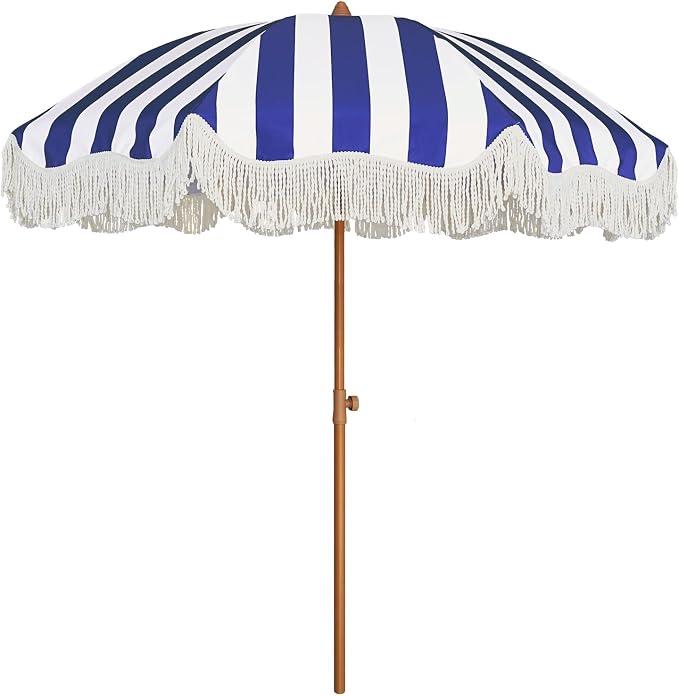 AMMSUN Boho Fringe Umbrella Outdoor Patio, 6.5ft UPF50+ Picnic Umbrella with Tassels with Steel Pole and Push Button Tilt, Blue Stripes