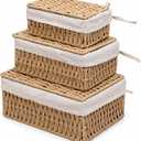 Storage Baskets with Lids, Set of 3 Wicker Baskets with Lids, Khaki Paper Rope Woven Storage Boxes with Removable Liners, Stackable Shelf Bins for Bathroom, Closet, Nursery
