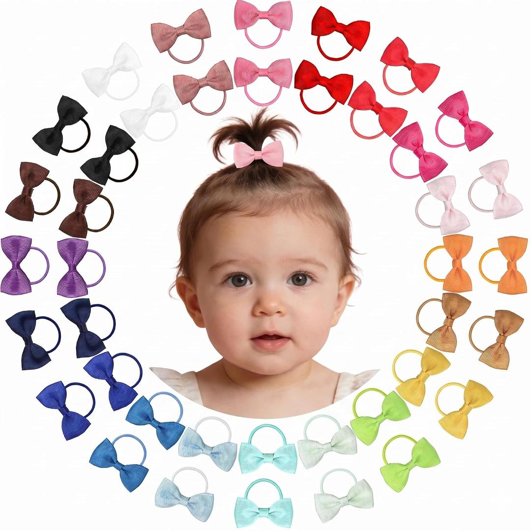 CLLOT 40Pcs 2 Inches Baby Bows Hair Ties Mini Boutique Hair Bows Durable Elastic Rubber Ribbon Hair Band Accessories for Toddlers Infants Kids Under 2 Years Old