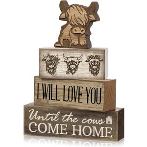 Moucuny 4 Pcs Highland Cow Table Decorations Rustic Western Tiered Tray Decor Decorative Highland Cow Block Signs Western Tabletop Centerpieces Farmhouse for Home Desk Room Kitchen Shelf Decor