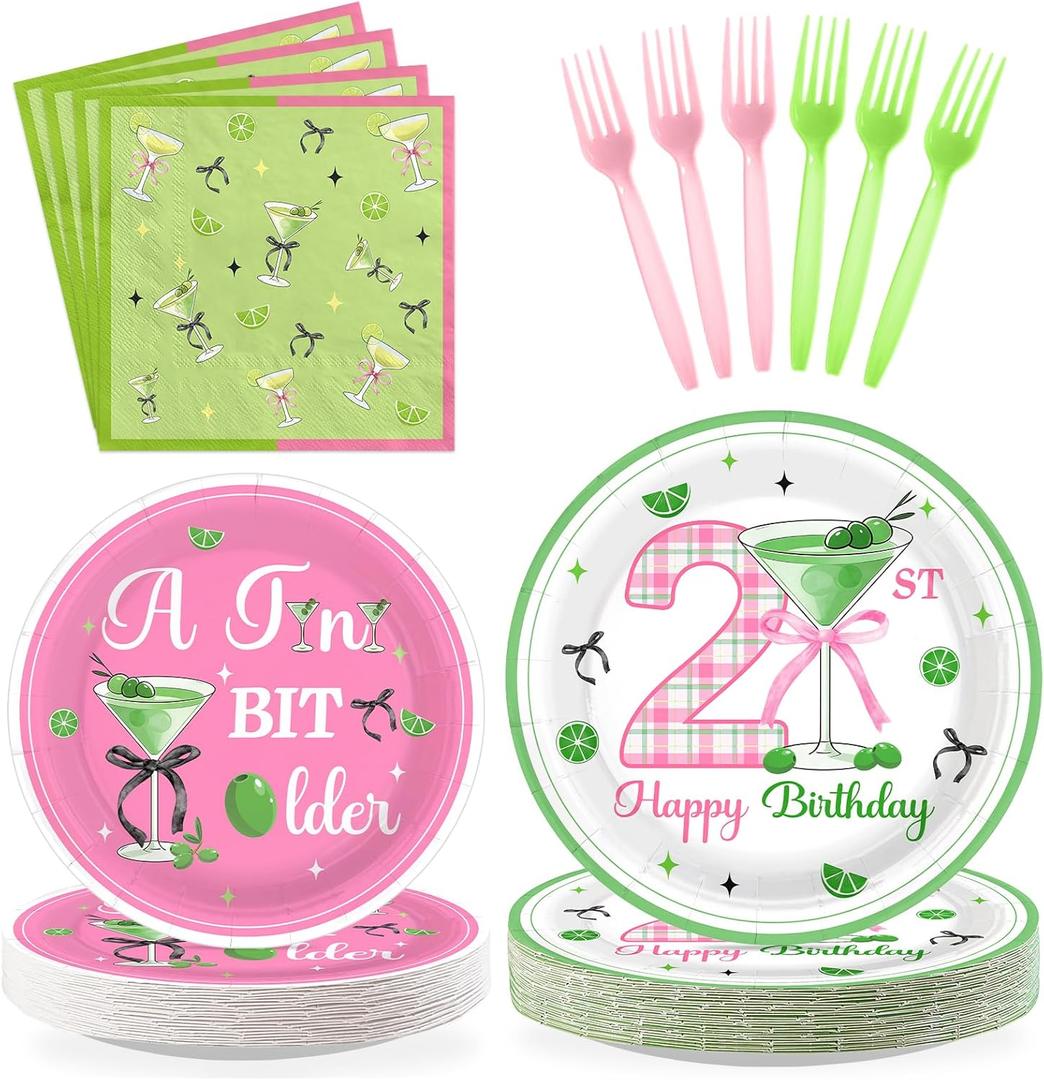 96Pcs Matini 21st Birthday Party Decorations A Tini Bit Older Plates and Napkins Tableware Sets Pink Green Decorations for 21 Years Old Women Girls Birthday Martini Party Supplies Serves 24