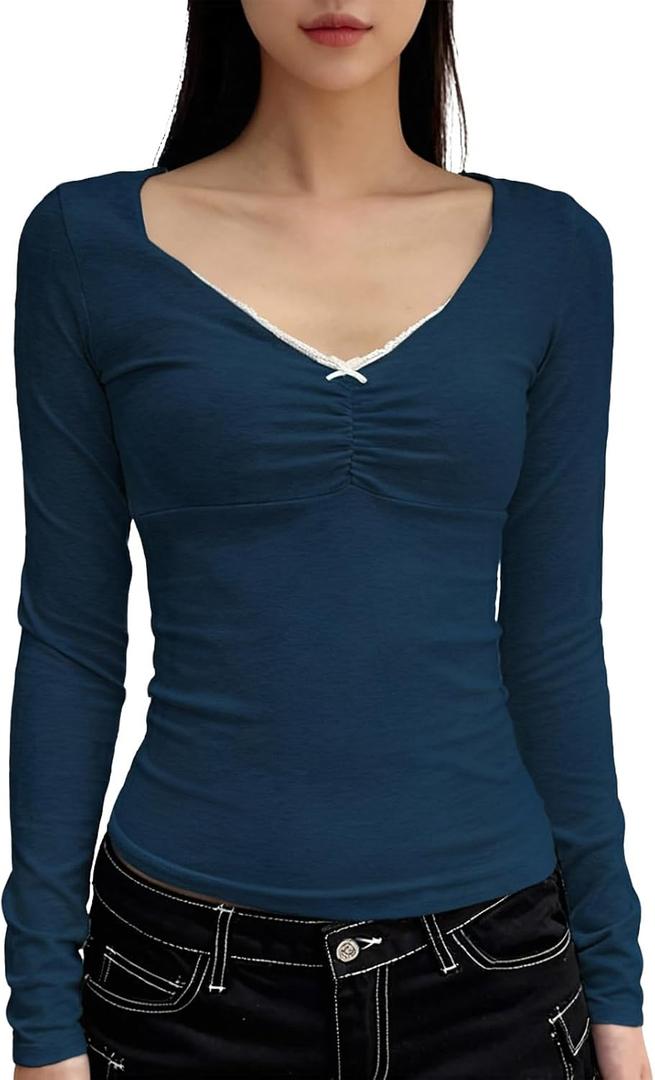 Women's Long Sleeve Slimming Tops Sexy Deep V-Neck Lace Trim Solid Color Short Shirt (L)