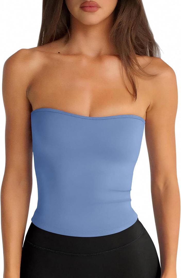 LASLULU Womens Sexy Tube Top Backless Strapless Bandeau Sleeveless Summer Y2K Cute Going Out Basic Crop Tank Top (Blue, M)