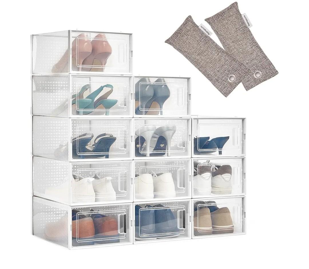 HomeBuddy Shoe Organizer Box - 12 Pack Shoe Box, Stackable Sneaker Storage, Sturdy Shoe Containers with Back Ventilation, Clear Shoe Boxes - Bamboo Charcoal Deodorizers Included
