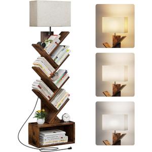 Evermagin 6 Tier Tree Bookshelf with Light, Narrow Bookcase Tower, Tall Floor Standing Book Organizer with Storage Cabinet for Living Room, Bedroom and Home Office, Rustic Brown