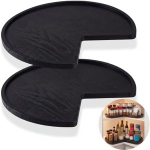 Leinuosen 2 Pcs 24in/28in/32in Banded Pine Wood Full Kidney Shaped Lazy Susan for Corner Base Cabinets with Iron Swivel Bearing for Kitchen Turntables, Not Include Metal Rod (32 Inch,Black)