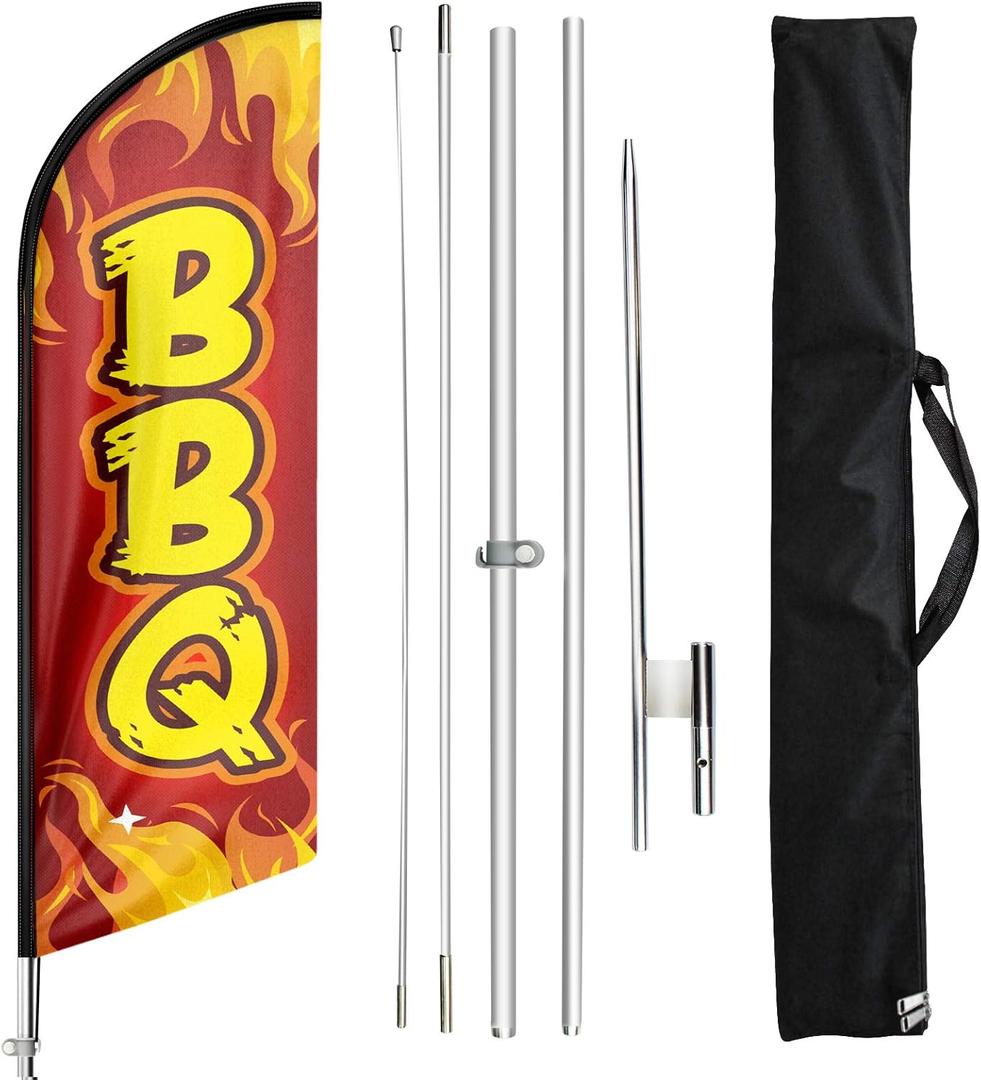 BBQ Feather Flag, 11 Foot Swooper Flag Kit with Ground Stake for Business, Red