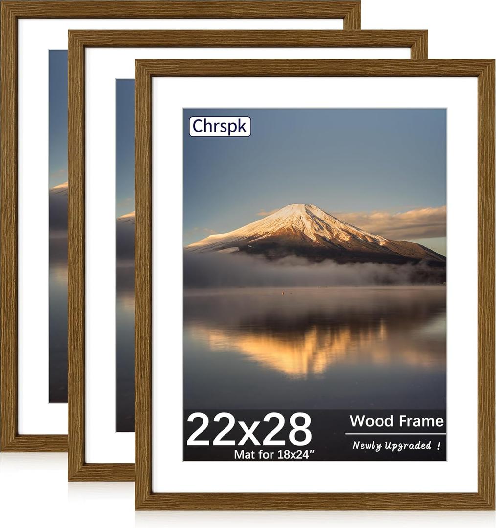 22X28 Poster Frame, Display Pictures 18X24 with Mat or 22X28 Without, Wall Hanging Frames, Rustic Brown, 3 Pack