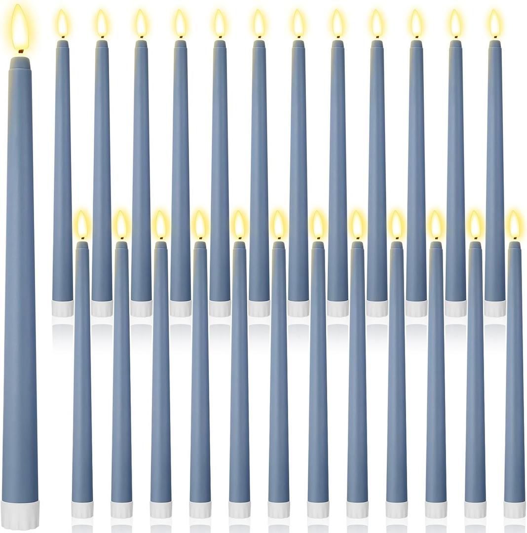 Macarrie 24 Packs Flameless Taper Candles Battery Operated Fake 11 Inch Long Candlelight LED Flameless Candlesticks Flickering Tapered for Spring Summer Wedding(Haze Blue)