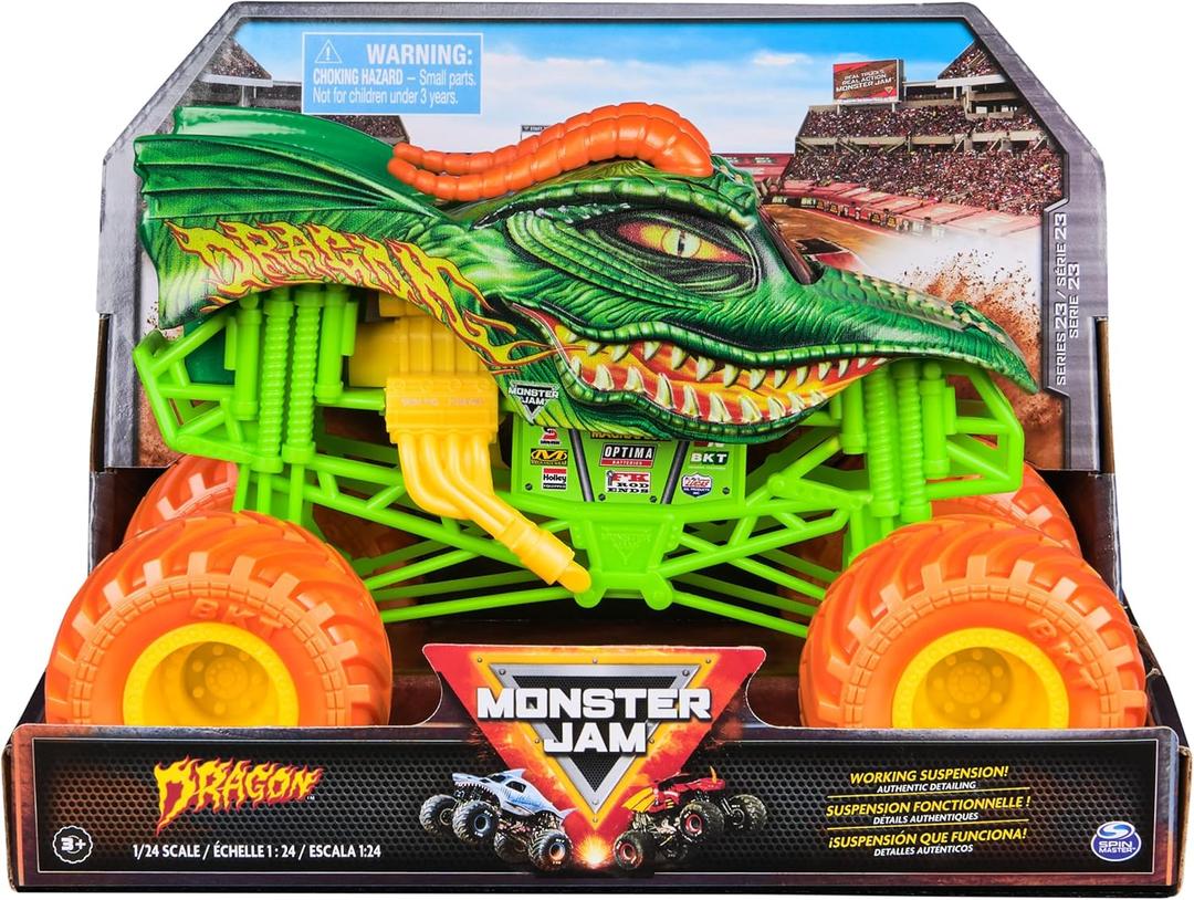Monster Jam, Dragon Monster Truck, Detailed Metal Injection Moulded Vehicle for Playing and Collecting in 1:24 Scale Toy for Children Aged 3+