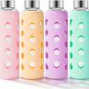 Glass Juice Bottles with Lids and Silicone Sleeves 18 oz, 4-Pack Reusable Clear Glass Water Bottles with Stainless Steel Airtight Cap for Juicing, Refrigerator, BPA Free Leak-Proof Drinking Jar (Mint)