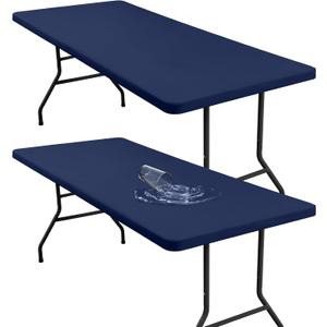 2 Pack 6 Foot Rectangle Elastic Fitted Tablecloth, Waterproof Fabric Table Cover, Washable Polyester Table Cloth for Picnic, Camping, Outdoor (Navy, 30" x 72")