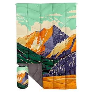 GLORSIGN Outdoor Puffy Camping Blanket, Lightweight Down Alternative Puffy Printed Camping Large Ultra Warm Hammock Top Quilt Waterproof Blanket for Traveling Picnic Beach Party Cold Weather (Peak)