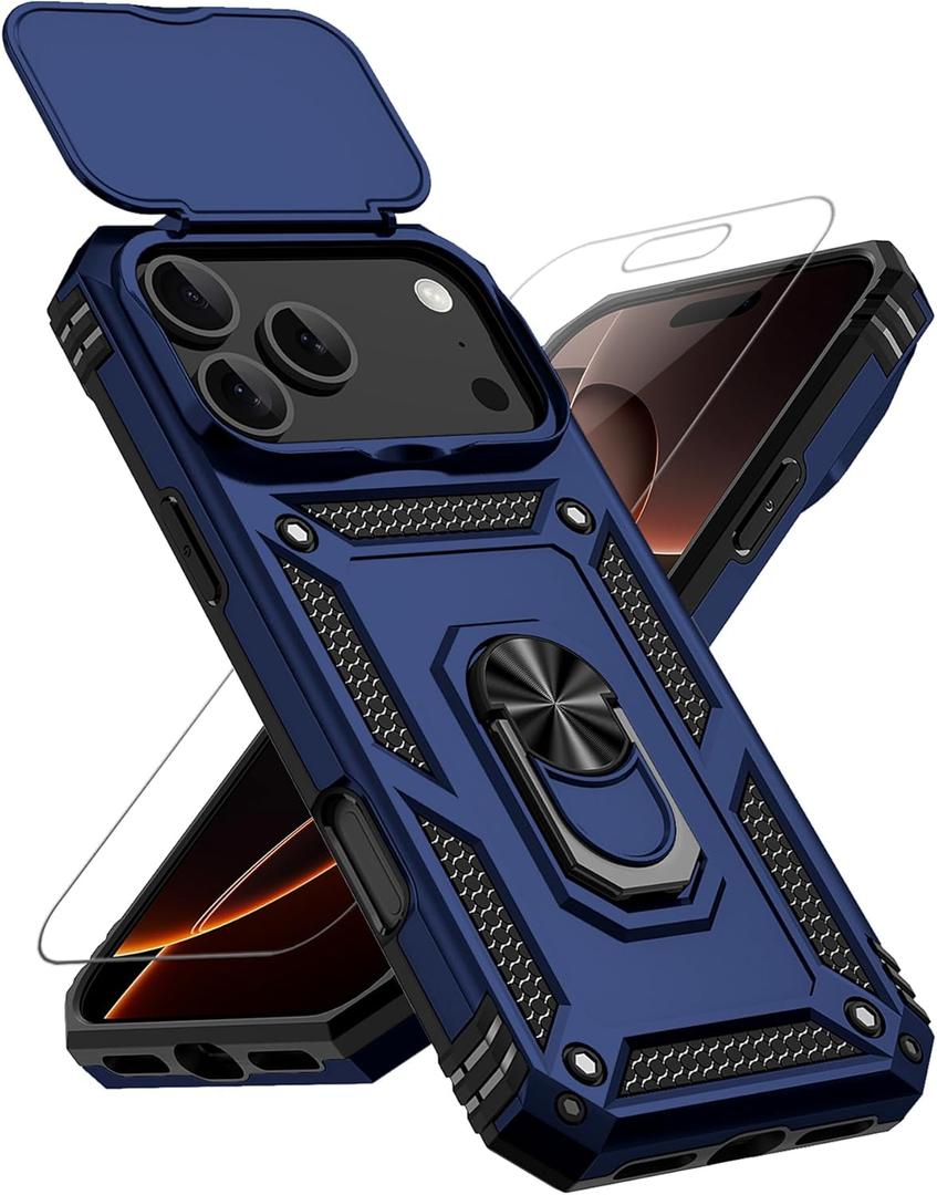 for iPhone 17 Pro Max Case, with Slide Camera Cover HD Screen Protector [Military Grade 16ft. Drop Tested] Ring Holder Kickstand Protective Phone Case for Apple iPhone 17 Pro Max, Navy Blue