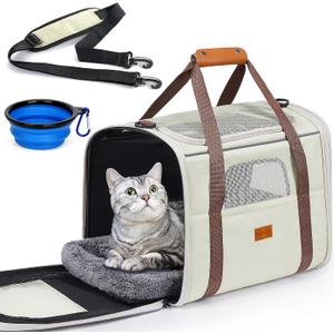 Morpilot Pet Travel Carrier Bag, Soft-Sided Dog Carrier Cat Carrier Pet Carrier, for Large Cats and Medium Puppies up to 25lbs, with Locking Safety Zippers, Foldable Bowl (Beige)