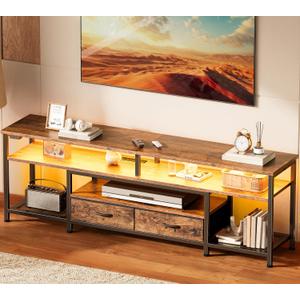 Huuger 63 Inch LED TV Stand for 65 70 Inch TV, Entertainment Center with Open Shelves and Power Outlets, TV Console for Living Room, Media Console with Drawers, Rustic Brown, 8779FC