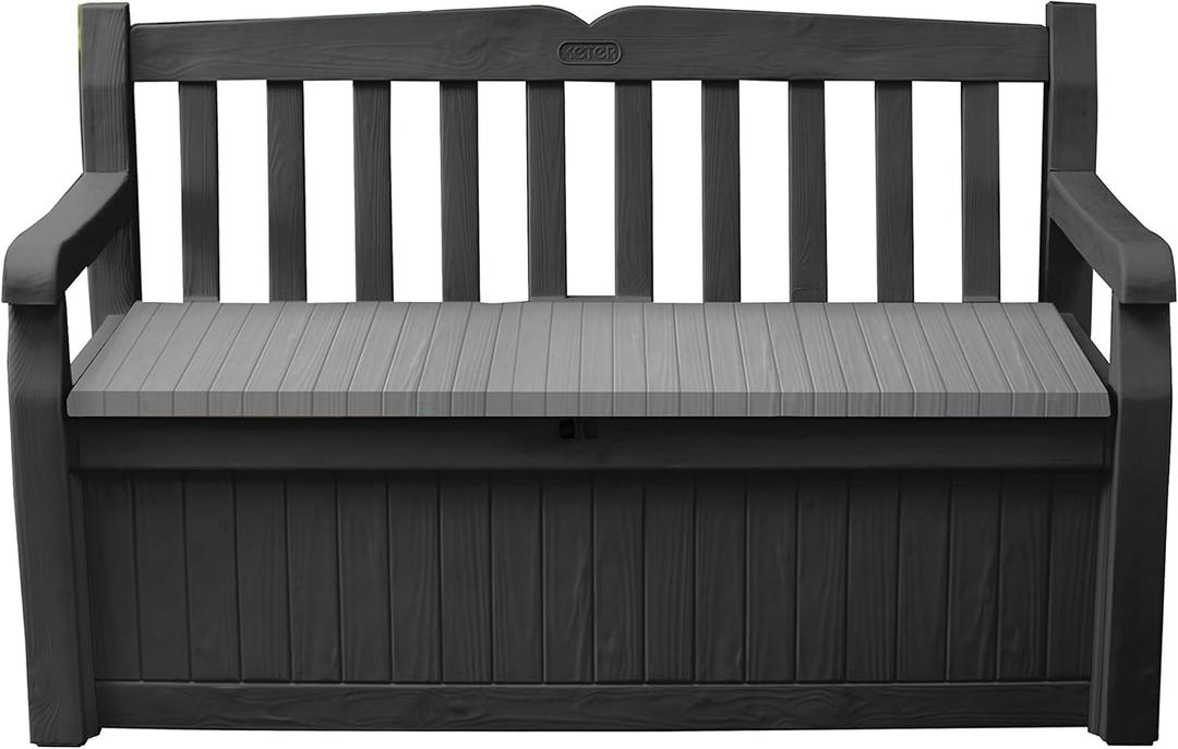 Keter Solana 70 Gallon Storage Bench Deck Box for Patio Storage, Front Porch Decor and Outdoor Seating  Perfect to Store Garden Tools and Pool Floats, Graphite