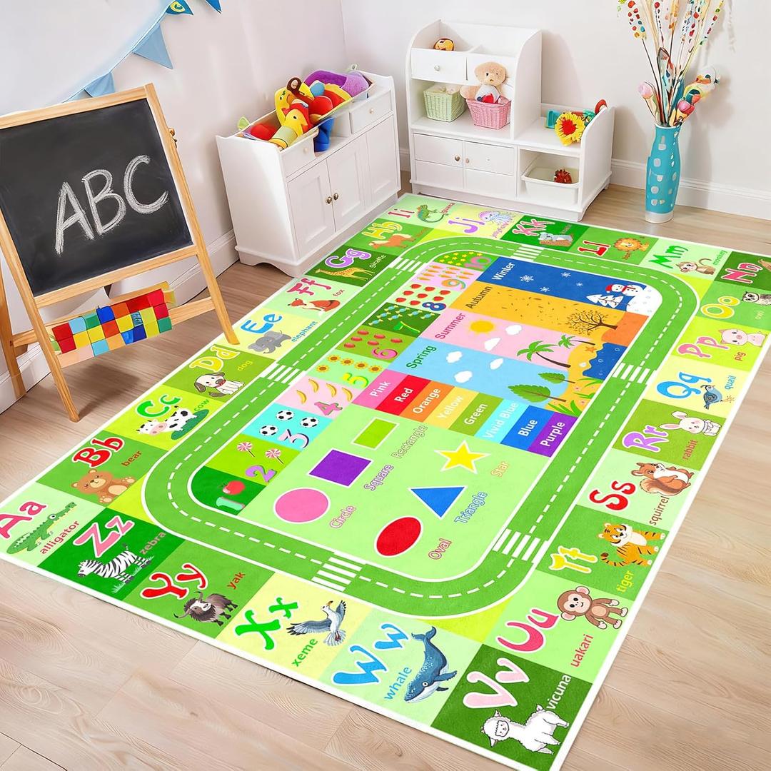 Alphabet Rugs for Kids Playroom - ABC Rug for Classroom with ABC Alphabet,Animals Colors,ABC Carpet for Children Playroom Cartoon Kids Play Mat for Bedroom Decor, Green, 2.5x4 Feet