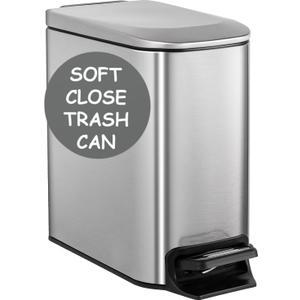 Homie Soft Close, Slim Trash Can 6 Liter / 1.6 Gallon with Anti - Bag Slip Liner and Lid, Use as Mini Garbage Basket, Slim Dust Bin, or Decor in Bathroom, Restroom, Kitchen, or Bedroom (Brushed Stainless Steel)