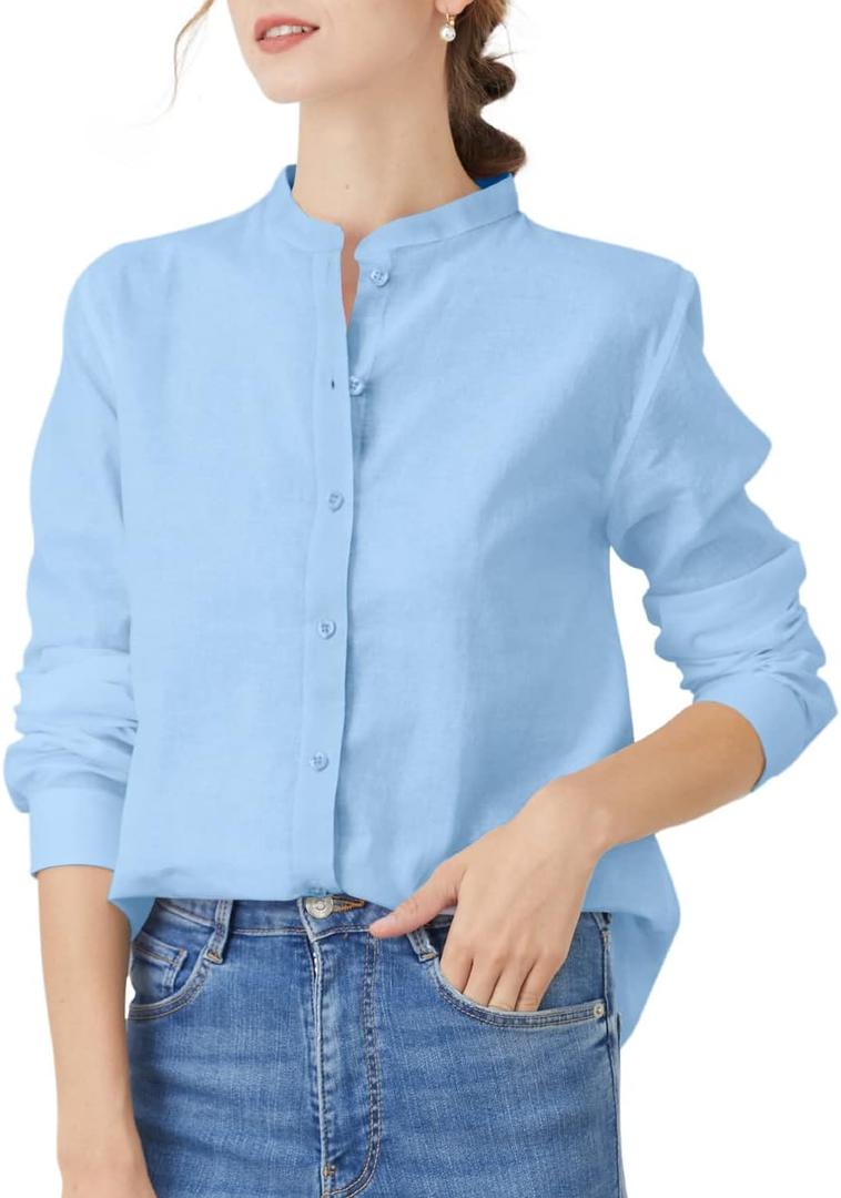 Women's Mandarin Collar Button-Down Shirts Casual Cotton Long Sleeve Blouses (Medium, 00057_ Light Blue)