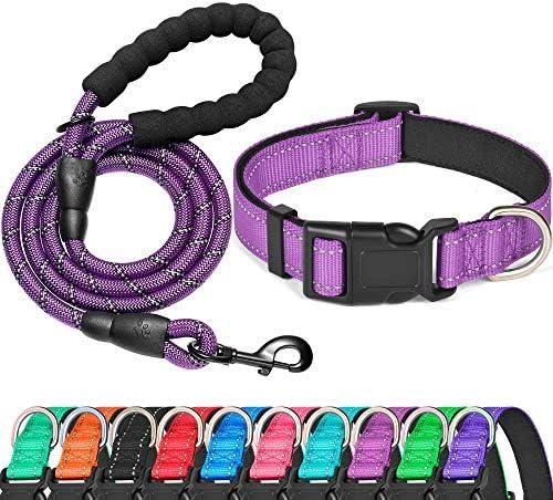 Ladoogo Reflective Dog Collar Padded with Soft Neoprene Breathable Adjustable Nylon Dog Collars for Small Medium Large Dogs (Medium (Pack of 1), Purple Collar+Leash)