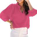 Womens Casual 3/4 Length Sleeve Tops 2025 Summer Button V Neck Texture Blouses Smocked Loose Pullover Tunic Tops Shirts, L, Pink