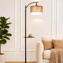 PESRAE Rattan Floor Lamp for Living Room, Farmhouse Arc Standing Lamp | Side Table with lamp, 3 Color Temperatures, Rattan & Fabric Lamp Shades, Boho Standing Lamp for Living Room, Bedroom Corner
