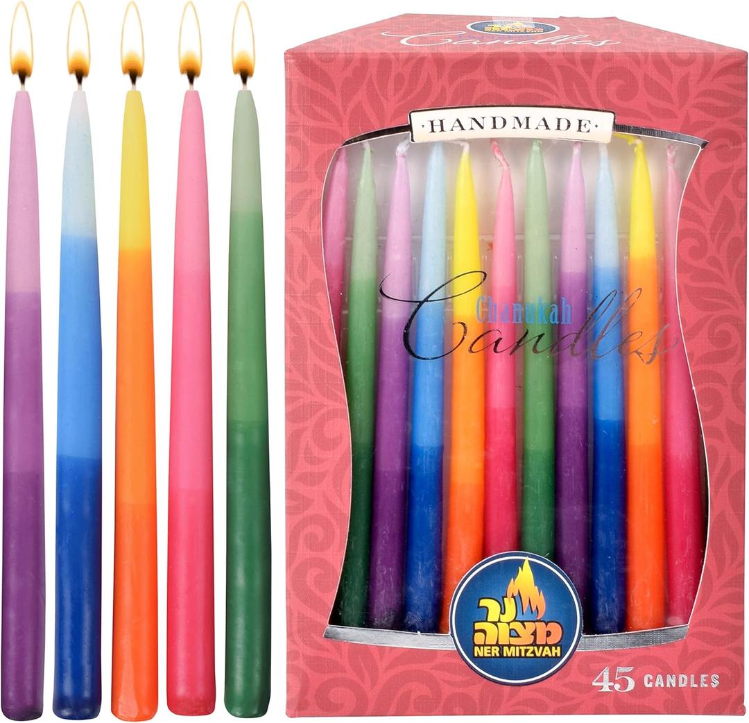 Ner Mitzvah Dripless Chanukah Candles Standard Size, Tri Colored Hanukkah Candles Fits Most Menorahs, Premium Quality Wax for All 8 Nights of Hanukkah - Count 45 (1 Pack)