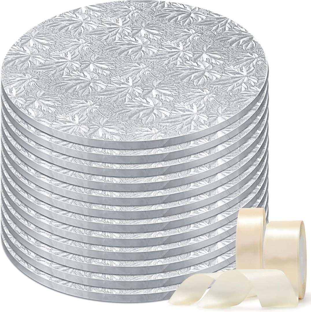 12 Pack 10 inch Cake Drum Round 3mm Thick Silver Cake Board with 2 Roll 1.6/1 in Satin Ribbon Sturdy Greaseproof Wooden Base for Wedding Birthday Party Multi Tiered Bakery Display (Silver)