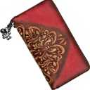 Wallet Genuine Leather for Women - with RFID Blocking Card checkbook ID Slot Large Capacity Vintage style (Floral Red)