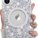 Bonoma for iPhone 16 Plus Case Sparkly Glitter Bling Back, Magnetic Support for MagSafe Shockproof, Crystal and Clear High-Duty Protection for Girls Women-Glitter Crystal