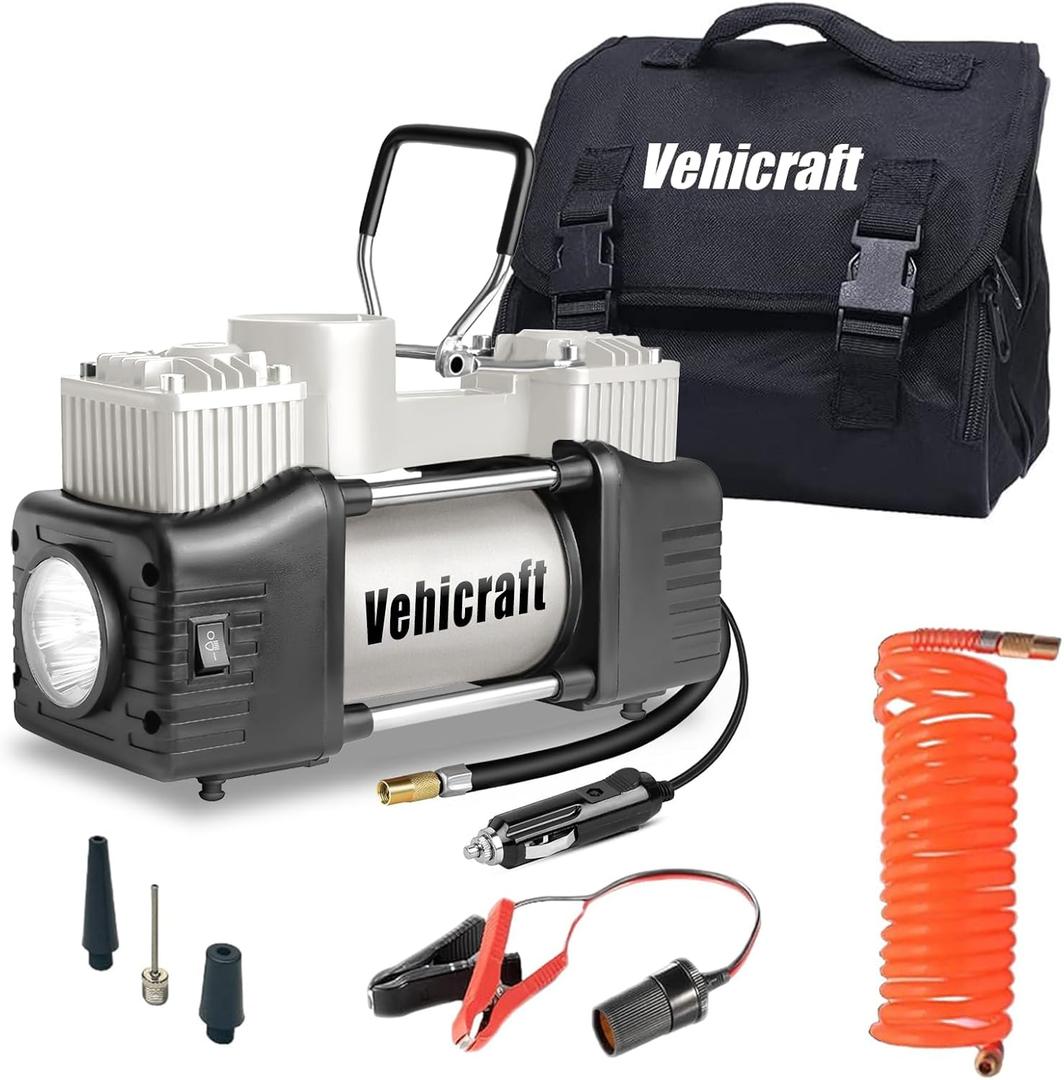 Silver Tire Inflator Portable Air Compressor, Heavy Duty Double Cylinders Auto Pump, 12V Portable Air Compressor Pump with Emergency LED Light - 150PSI Tire Pump, Apply to Car, SUV, RV