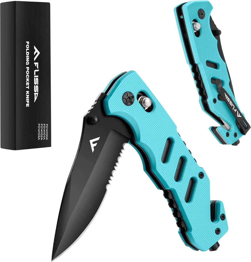 FLISSA Folding Pocket Knife with Clip, Glass Breaker and Seatbelt Cutter, Survival Knife for Emergency Rescue Situations, EDC Knife for Tactical, Hunting, Camping, Outdoor, Unique Gifts for Dad, Father-Blue