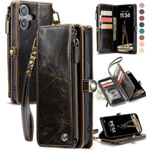 Defencase Compatible with iPhone 16 Plus Case Wallet with RFID Blocking Card Holder for Women Men, Soft PU Leather Magnetic Snap Flip Zipper Strap Wallet Phone Case Fit for iPhone 16 Plus 6.7", Coffee