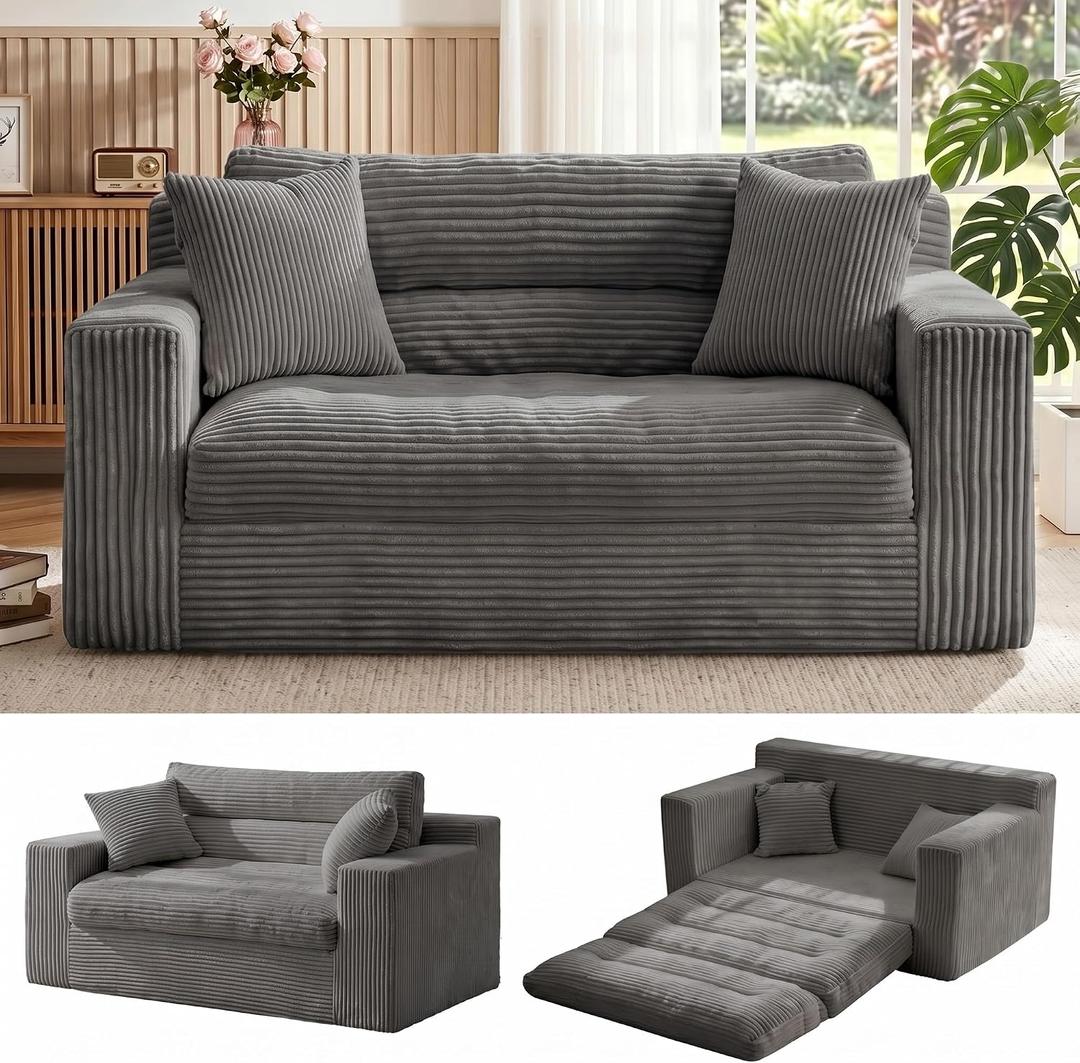 Erament Boneless Loveseat Sofa Couch, 2 in 1 Convertible Sofa Bed with Pillows, Fold Out Bean Bag Chair Boneless Floor Couch for Living Room Bedroom Office Lounge Apartment, No Assembly Needed, Grey