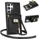 Crossbody Wallet Case for Samsung Galaxy S24 Ultra, Flip Leather Purse Case with Card Holder, Protective Handbag Women Phone Cover with Zipper Long Strap for Samsung S24 Ultra, Black