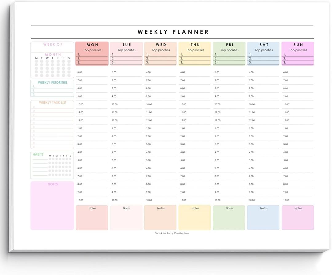Weekly Hourly Planner Notepad, Daily Planner Desk Pad, Weekly Schedule, To Do List Note Pad, ADHD Planner | 50 Undated Tear Away Sheets | A4 (Rainbow)