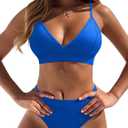 OQQ 2 Piece Bikini Set V Neck Popular Swimsuit High Waisted 2026 Summer Beach Swim Bathing Suits (Blue, S)