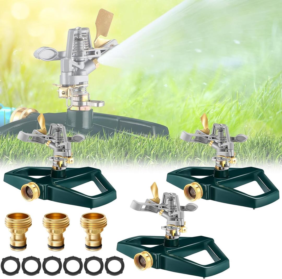 3 Sets Rotating 360 Degree Swivel Garden Sprinkler Pulsating Impact Sprinkler with Metal Base, Heavy Duty Adjustable Garden Hose Sprinklers System for Large Area Lawn Yard(Small Head)