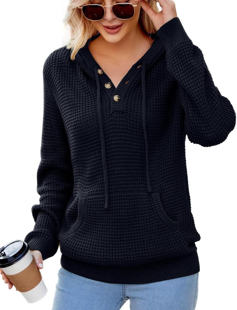 VIMPUNEC 2025 Fall Womens Hoodies Oversized Casual Fashion Sweaters Long Sleeve V Neck Knit Pullover Tops (Large, B Black)