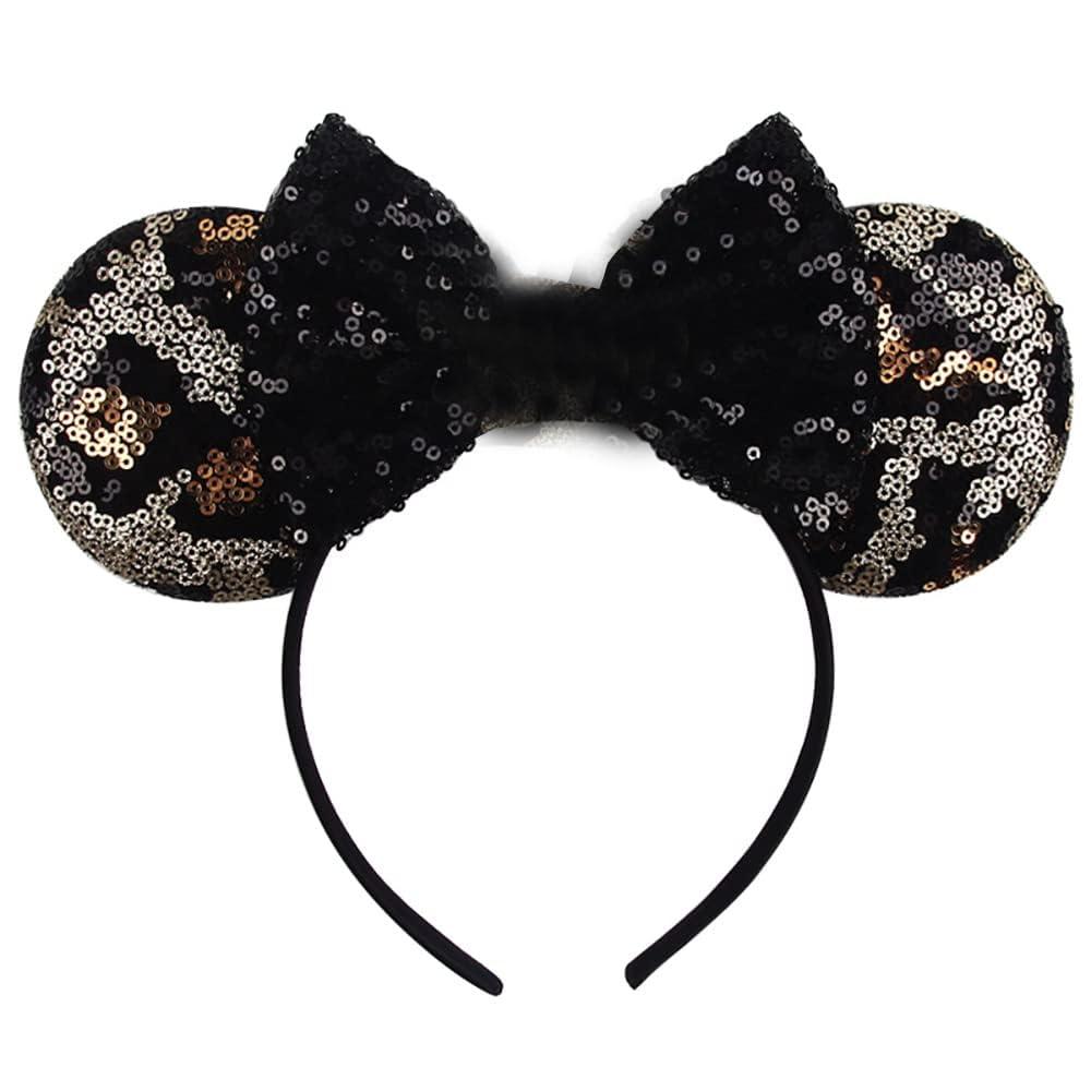2 x Mouse Ears Headbands Shiny Bows Mouse Ears Glitter Party Princess Decoration Cosplay Costume for Girls Women (little lion golden leopard)