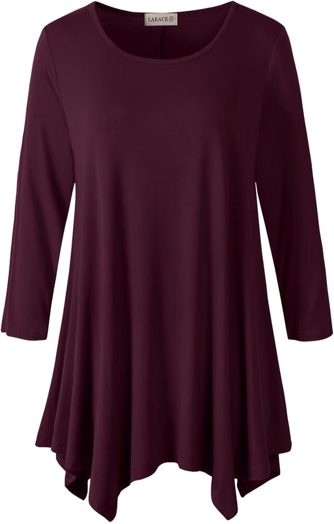 LARACE Plus Size Tops for Women 3/4 Sleeve Shirts Tunic Tops Loose Fit Basic Lady Clothes (4x-Large, Burgundy)
