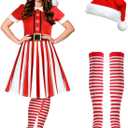 Hillban 3 Pcs Christmas Elf Costume Set Women Short Sleeve Christmas Dress Thigh High Socks Santa Hat (Medium, Strip Style)