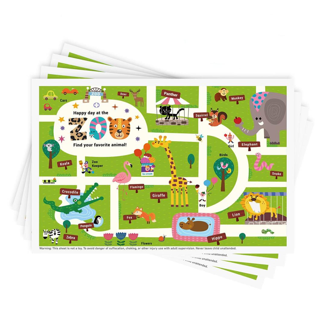 Babebay Disposable Stick-on Placemats 40 Pack for Baby & Kids & Toddler, Sticky Placemats Restaurant Table Mats 12" x 18" (Happy Zoo)