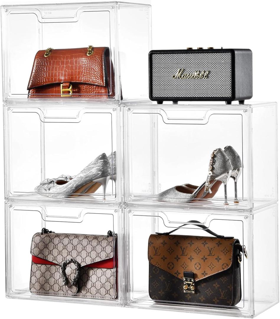 Purse Organizer for Closet, Clear Stackable Handbag Display Case Box for Handbag Storage Clear Box with Magnetic Door, Plastic Holder for Clothes, Bag, Shoes, Collectibles, Book, Cosmetic 5 Packs